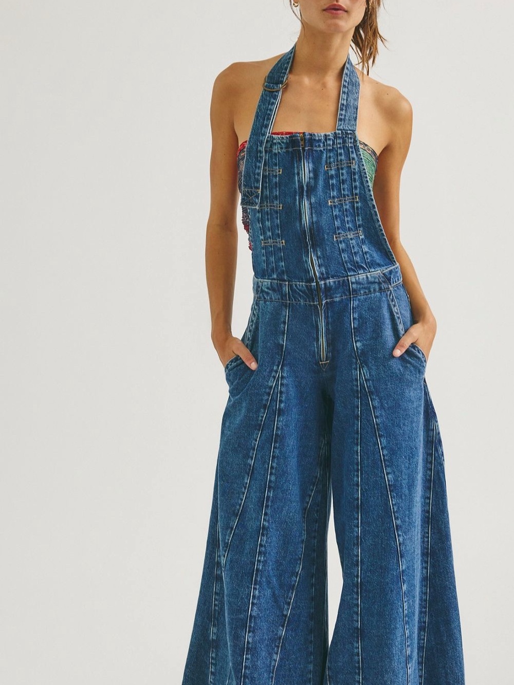 We The Free Blue Wide-Leg Denim Halter Overalls